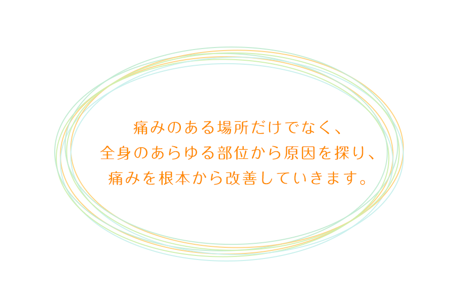 痛みのある場所だけでなく、全身のあらゆる部位から原因を探り、痛みを根本から改善していきます。